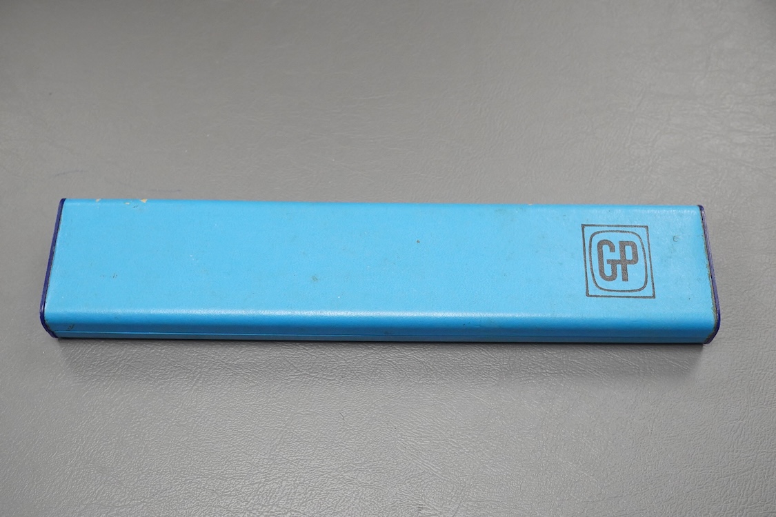 A gentleman's 18ct Girard-Perregaux manual wristwatch, oval brushed gilt dial with raised hour baton marks, seventeen jewels movement, signed, on an associated gilt metal articulated bracelet, in original case.